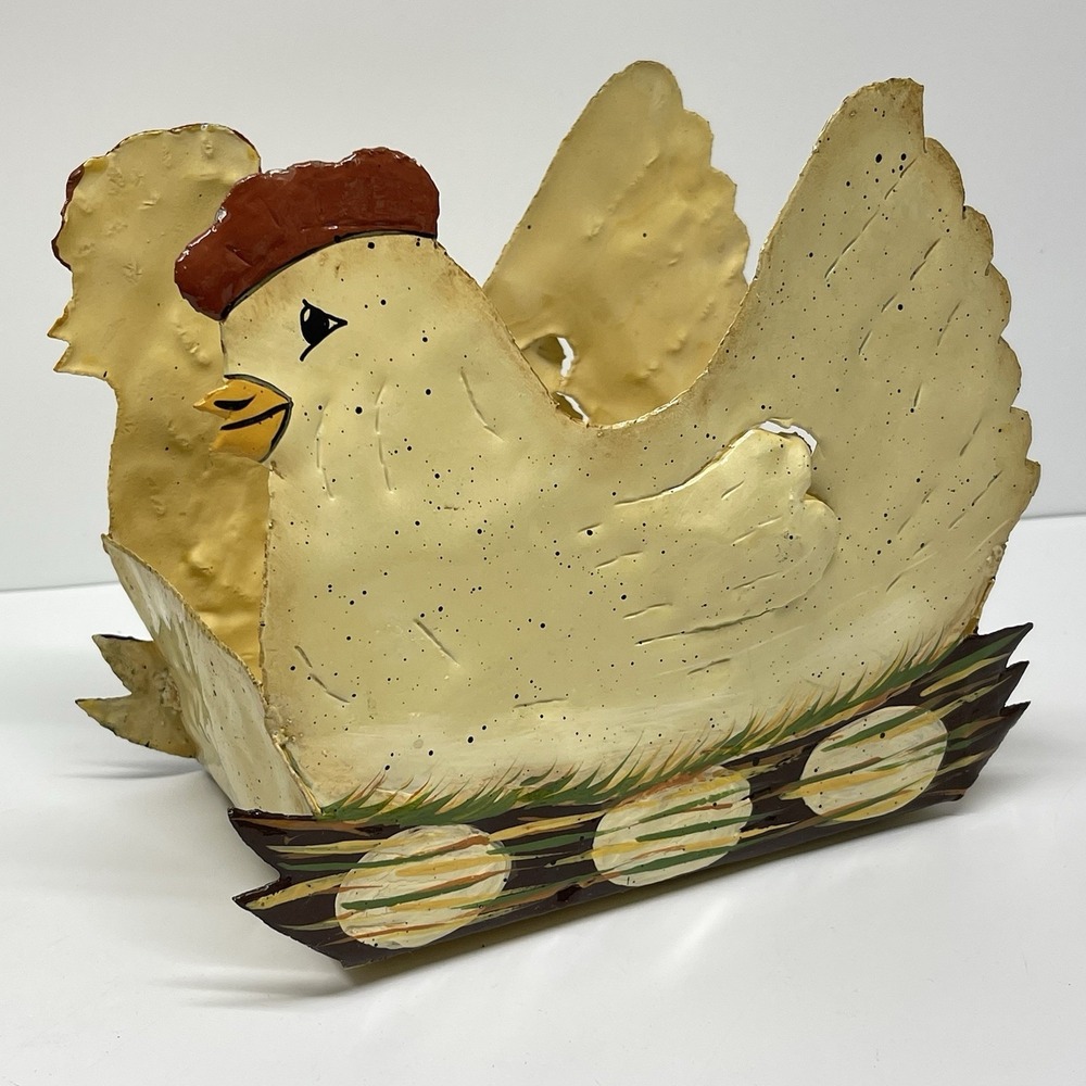 Hen On Nest Painted Metal Nesting Egg Basket Planter Country Core Farmhouse Vtg